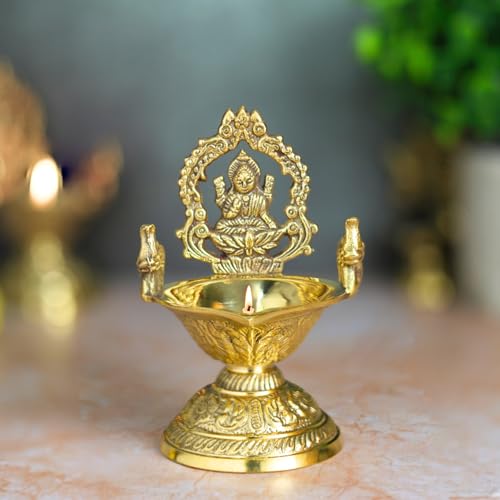 Bhimonee Decor Brass Lakshmi Deepam | Traditional Gold Polish Oil Lamp with Goddess Lakshmi Design | Diya for Mandir, Aarti, Home Décor & Festival Pooja