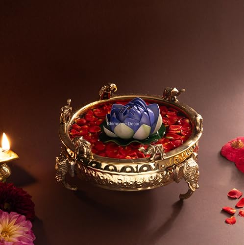 Bhimonee Decor Elephant Carving Urali Bowl 8" | 800 gm Decorative Brass Bowl & Platter | Home Decor, Pooja & Gifting | Brass | Gold