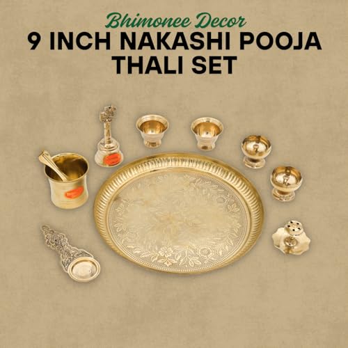 Bhimonee Decor Engraved Brass Puja Thali Set | 8 Pcs Traditional Pooja Plate with Floral Design, Kalash, Diya, Bell, Spoon & Bowls | Premium Mandir Essentials for Festivals