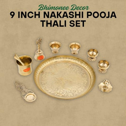 Bhimonee Decor Engraved Brass Puja Thali Set | 8 Pcs Traditional Pooja Plate with Floral Design, Kalash, Diya, Bell, Spoon & Bowls | Premium Mandir Essentials for Festivals