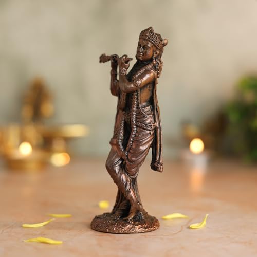 Bhimonee Decor Lord Krishna Statue | Brass Finish Murti of Krishna Playing Flute | Kanha Idol for Puja Mandir, Home & Office Decor | Spiritual Gift for Janmashtami & Festivals