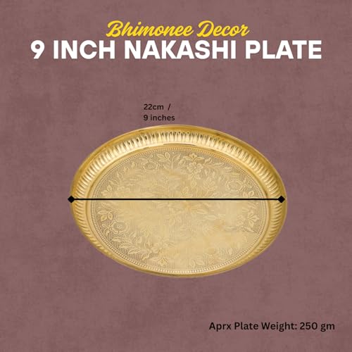 Bhimonee Decor Designer Brass Puja Thali | Premium Gold Polish Pooja Thali with Floral Engraving | Traditional Mandir Accessory for Aarti, Rituals & Festivals