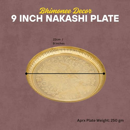 Bhimonee Decor Designer Brass Puja Thali | Premium Gold Polish Pooja Thali with Floral Engraving | Traditional Mandir Accessory for Aarti, Rituals & Festivals