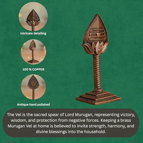 Bhimonee Decor Lord Murugan Vel Idol | Antique Brass Finish Sacred Spear Murti on Stand | Kartikeya Vel for Puja Mandir, Home & Office Decor | Auspicious Gift Item