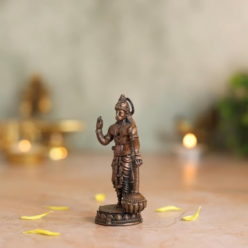 Copper Idols Lord Hanuman Idol | Antique Brass Finish Pavanputra Murti with Gada | Bajrangbali Statue for Puja Mandir, Home & Office Decor | Spiritual Gift for Devotees