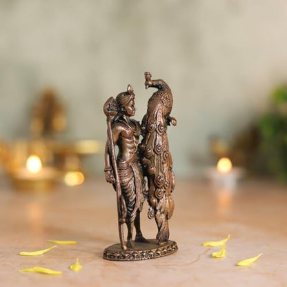 Bhimonee Decor Lord Kartikeya Idol | Antique Brass Finish Murugan Statue with Peacock | Skanda Swamy Murti for Puja Mandir, Home & Office Decor | Spiritual Gift Item