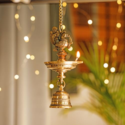 Bhimonee Decor | Handcrafted Brass Peacock Hanging Diya with Bell | 1-Wick Traditional Oil Lamp | Antique Finish | Ethnic Temple & Pooja Decor | Hanging Deepak for Home, Balcony & Mandir | Pack of 1
