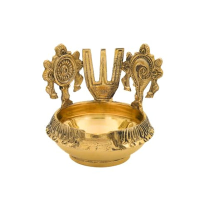 Bhimonee Decor Brass Pooja Diya with Shankh Chakra & Namam | Traditional Oil Lamp for Mandir, Temple & Festivals | Handcrafted Golden Finish
