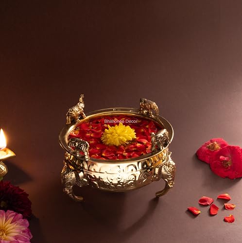 Bhimonee Decor Elephant Carving Urali Bowl 6" | 570 gm Decorative Brass Bowl & Platter | Home Decor, Pooja & Gifting | Brass | Gold