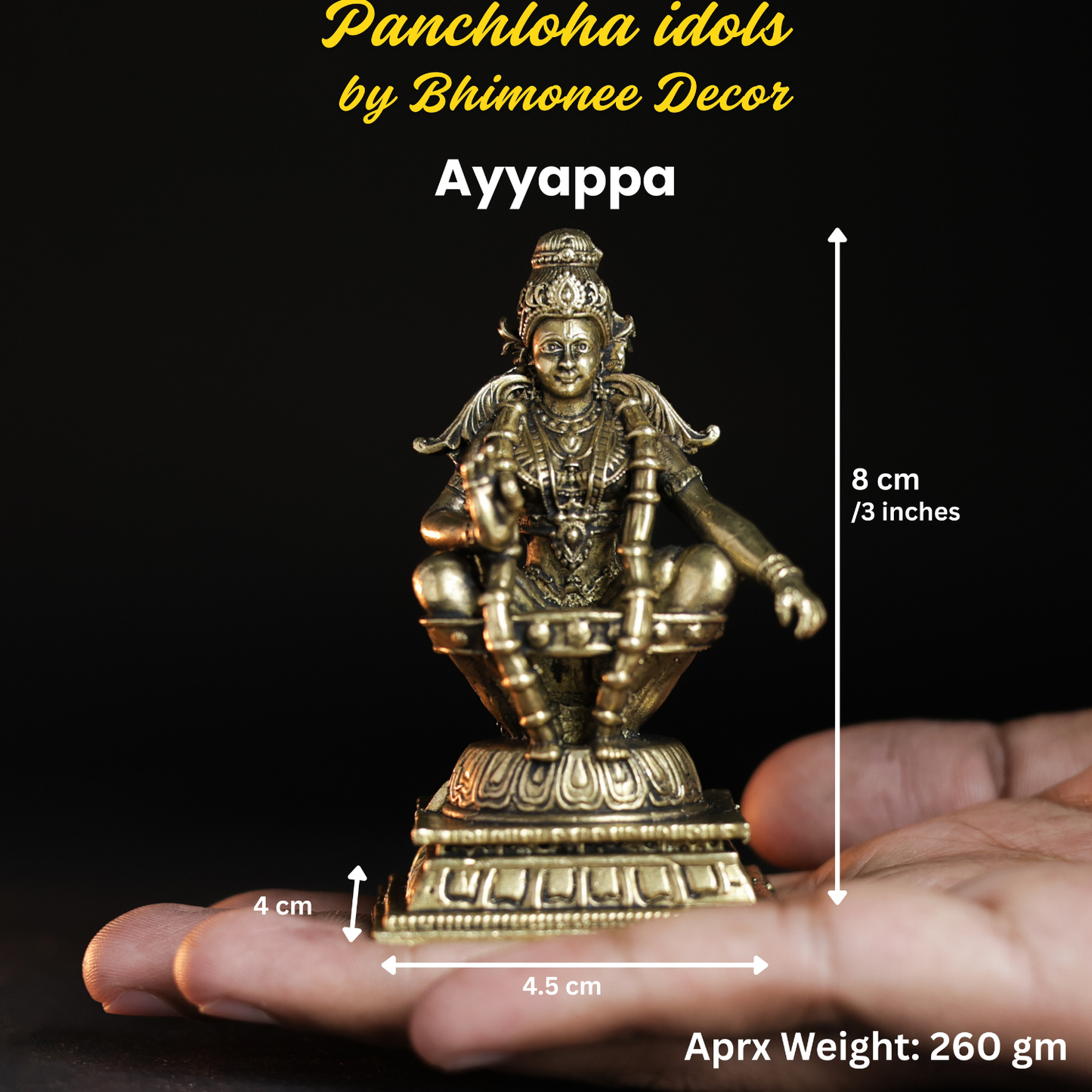 Bhimonee Decor 260 gm Ayyappa Panchloha Idol 8 cm Height | Solid Panchaloha God Statue for Home Pooja, Temple, Office & Gifting