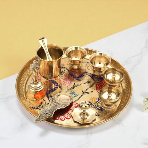 Bhimonee Decor Brass Pooja Thali Set | Traditional Pooja Plate with Diya, Kalash, Cups & Accessories | Handcrafted Festival & Mandir Worship Set | Golden Finish