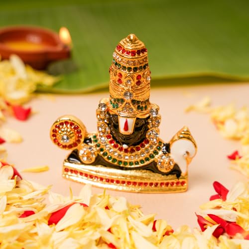 NEETU ARTS | Gold-Plated Tirupati Balaji Stone Idol | 7.5 CM Divine Venkateswara Bhagwan Murthi | Spiritual Car Dashboard Showpiece | Home Mandir & Office Desk Puja Decor |