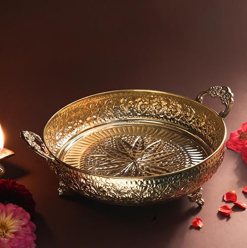 Bhimonee Decor Mughal Carving Fruit Bowl Handle 10" | 640 gm Decorative Serving Tray & Platter | Home Decor, Festivals & Gifting | Brass | Gold.