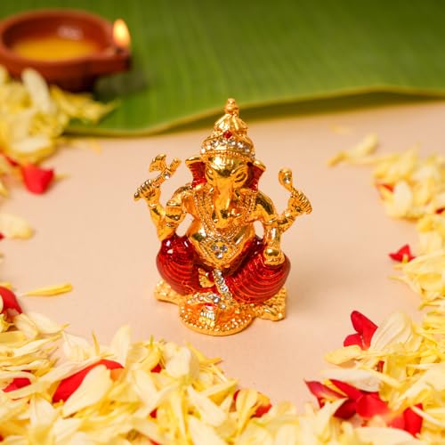 Bhimonee Decor | Gold-Plated Ganpati Idol | 6.5 CM Decorative Sitting Lord Ganesha Statue | Car Dashboard Showpiece | Home & Office Desk Puja Décor | Auspicious Gift for Diwali,