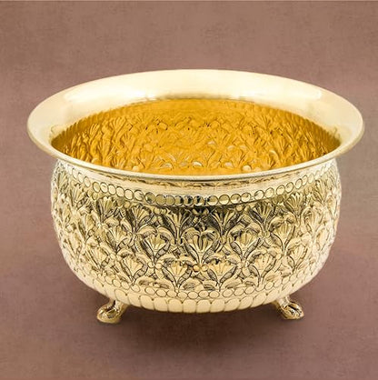 Bhimonee Decor Carving Bowl 8" | 700 gm Decorative Brass Bowl with Stand | Home Decor, Pooja & Gifting | Brass | Gold