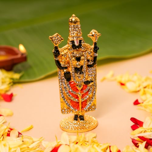 Bhimonee Decor  | Gold-Plated Tirupati Balaji Stone Idol | 9 CM Divine Venkateswara Bhagwan Murthi | Spiritual Car Dashboard Showpiece | Home Temple & Office Desk Puja Decor |