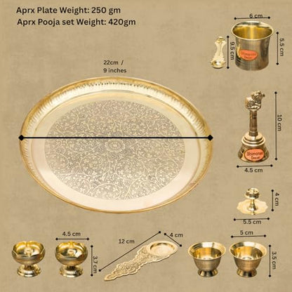 Bhimonee Decor Engraved Brass Puja Thali Set | 8 Pcs Traditional Pooja Plate with Floral Design, Kalash, Diya, Bell, Spoon & Bowls | Premium Mandir Essentials for Festivals