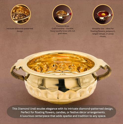 Bhimonee Decor Diamond Carving Urali Thali 6" | 320 gm Decorative Brass Bowl & Platter | Home Decor, Pooja & Gifting | Brass | Gold