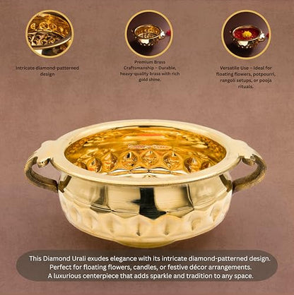 Bhimonee Decor Diamond Carving Urali Thali 6" | 320 gm Decorative Brass Bowl & Platter | Home Decor, Pooja & Gifting | Brass | Gold