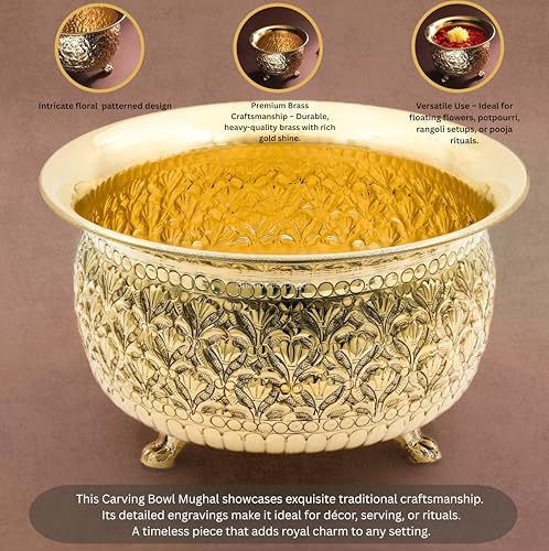 Bhimonee Decor Carving Bowl 8" | 700 gm Decorative Brass Bowl with Stand | Home Decor, Pooja & Gifting | Brass | Gold