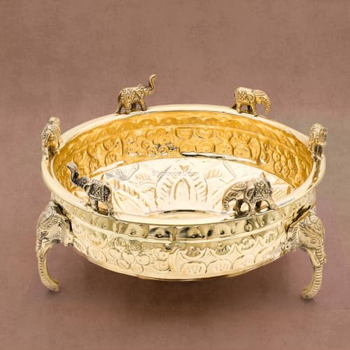 Bhimonee Decor Elephant Carving Urali Bowl 10" | 1180 gm Decorative Brass Bowl & Platter | Home Decor, Pooja & Gifting | Brass | Gold
