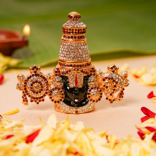 Bhimonee Decor | Gold-Plated Tirupati Balaji Stone Idol | 7.5 CM Lord Venkateswara Bhagwan Murthi | Spiritual Car Dashboard Showpiece | Home Temple & Office Desk Puja Decor |