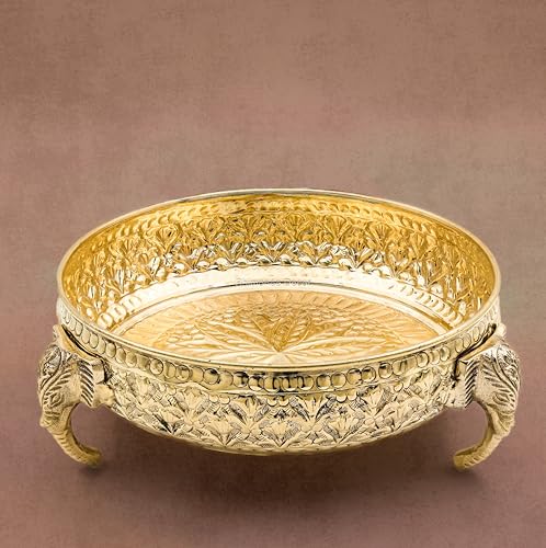 Bhimonee Decor Carving Elephant Plate 8" | 620 gm Decorative Brass Plate & Bowl | Home Decor, Pooja & Gifting | Brass | Gold