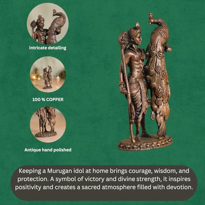 Bhimonee Decor Lord Kartikeya Idol | Antique Brass Finish Murugan Statue with Peacock | Skanda Swamy Murti for Puja Mandir, Home & Office Decor | Spiritual Gift Item