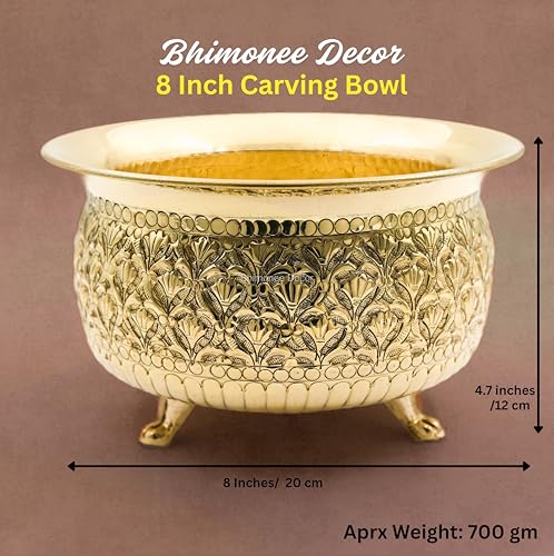 Bhimonee Decor Carving Bowl 8" | 700 gm Decorative Brass Bowl with Stand | Home Decor, Pooja & Gifting | Brass | Gold