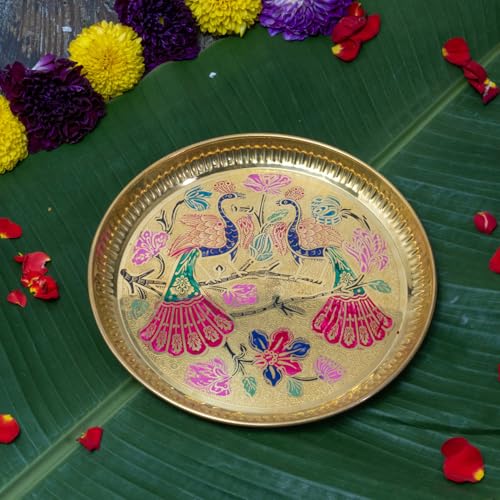 Bhimonee Decor Multicolor Meenakari Brass Puja Thali | Handcrafted Pooja Thali with Peacock & Floral Artwork | Designer Devotional Accessory for Aarti, Mandir & Festivals