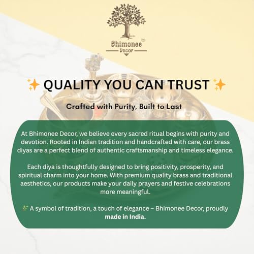 Bhimonee Decor Engraved Brass Puja Thali Set | 8 Pcs Traditional Pooja Plate with Floral Design, Kalash, Diya, Bell, Spoon & Bowls | Premium Mandir Essentials for Festivals