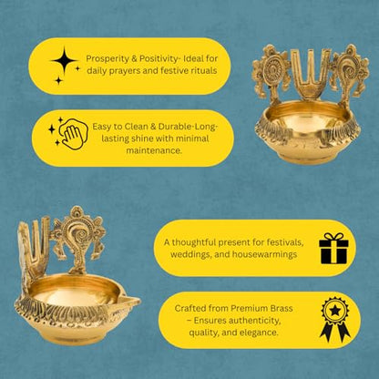 Bhimonee Decor Brass Pooja Diya with Shankh Chakra & Namam | Traditional Oil Lamp for Mandir, Temple & Festivals | Handcrafted Golden Finish