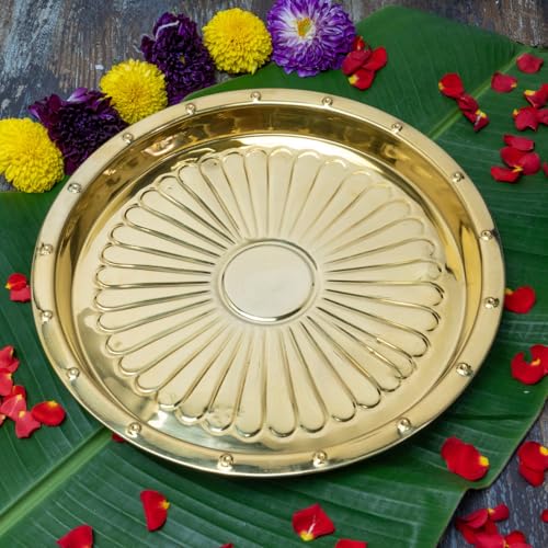 Bhimonee Decor Brass Puja Thali | Traditional Gold Polish Pooja Thali for Aarti, Mandir, and Festival Rituals | Classic Devotional Accessory for Home & Temple