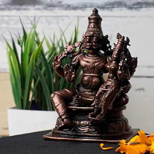 Bhimonee Decor | Handmade Copper Lakshmi Narasimha Idol | 4-Inch Hindu God Statue | Patina Antique Finish | Spiritual Pooja Murti for Home Temple & Décor | 600 gm | 1 Pc
