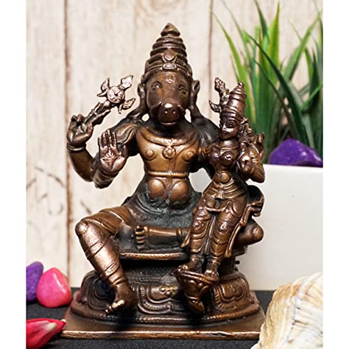 Bhimonee Decor | Handmade Copper Varaha Lakshmi Idol | 4-Inch Hindu God Statue | Patina Antique Finish | Auspicious Pooja Murti for Home Temple & Spiritual Décor | 630 gm | 1 Pc