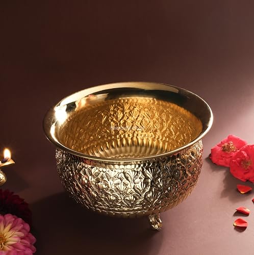 Bhimonee Decor Carving Bowl 8" | 700 gm Decorative Brass Bowl with Stand | Home Decor, Pooja & Gifting | Brass | Gold