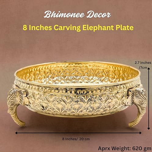 Bhimonee Decor Carving Elephant Plate 8" | 620 gm Decorative Brass Plate & Bowl | Home Decor, Pooja & Gifting | Brass | Gold