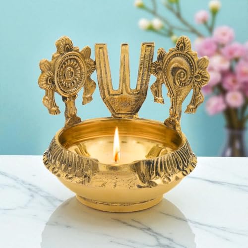 Bhimonee Decor Brass Pooja Diya with Shankh Chakra & Namam | Traditional Oil Lamp for Mandir, Temple & Festivals | Handcrafted Golden Finish