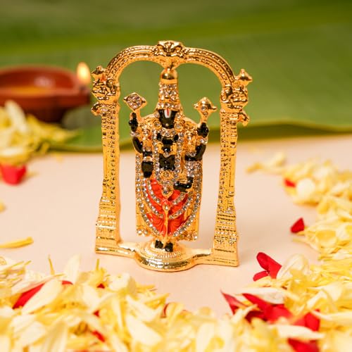 Bhimonee Decor  Tirupati Balaji Stone Idol | Bhagwan Murthi for Car Dashboard, Home, Office & Pooja Room Decor | Spiritual Gold Finish | Diwali Gift | 3 Inches, Gold
