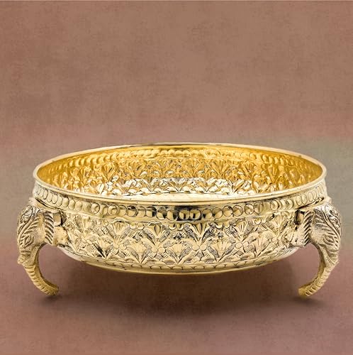 Bhimonee Decor Carving Elephant Plate 8" | 620 gm Decorative Brass Plate & Bowl | Home Decor, Pooja & Gifting | Brass | Gold