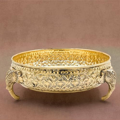 Bhimonee Decor Carving Elephant Plate 8" | 620 gm Decorative Brass Plate & Bowl | Home Decor, Pooja & Gifting | Brass | Gold