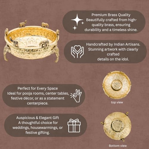 Bhimonee Decor Elephant Carving Urali Bowl 10" | 1180 gm Decorative Brass Bowl & Platter | Home Decor, Pooja & Gifting | Brass | Gold