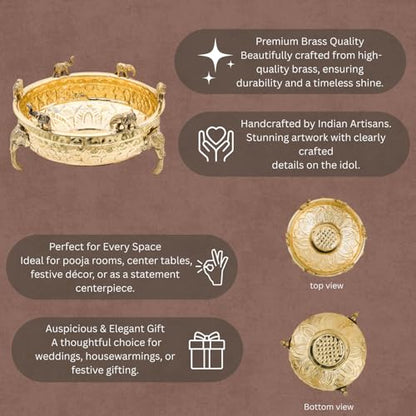 Bhimonee Decor Elephant Carving Urali Bowl 10" | 1180 gm Decorative Brass Bowl & Platter | Home Decor, Pooja & Gifting | Brass | Gold