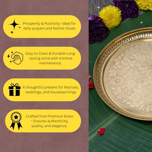 Bhimonee Decor Designer Brass Puja Thali | Premium Gold Polish Pooja Thali with Floral Engraving | Traditional Mandir Accessory for Aarti, Rituals & Festivals