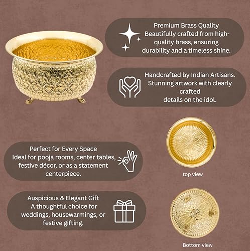 Bhimonee Decor Carving Bowl 8" | 700 gm Decorative Brass Bowl with Stand | Home Decor, Pooja & Gifting | Brass | Gold