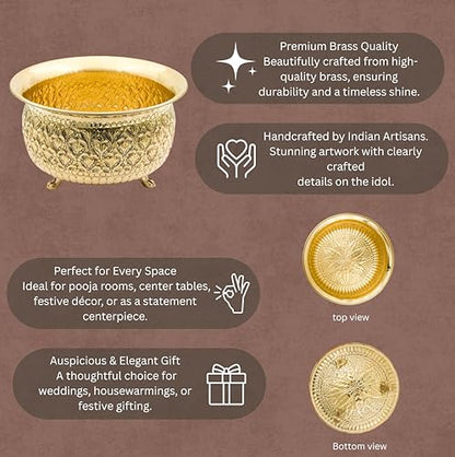 Bhimonee Decor Carving Bowl 8" | 700 gm Decorative Brass Bowl with Stand | Home Decor, Pooja & Gifting | Brass | Gold