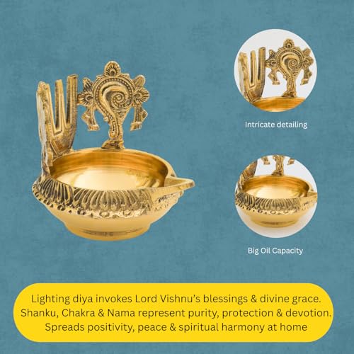 Bhimonee Decor Brass Pooja Diya with Shankh Chakra & Namam | Traditional Oil Lamp for Mandir, Temple & Festivals | Handcrafted Golden Finish