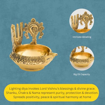 Bhimonee Decor Brass Pooja Diya with Shankh Chakra & Namam | Traditional Oil Lamp for Mandir, Temple & Festivals | Handcrafted Golden Finish