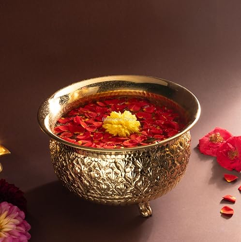 Bhimonee Decor Carving Bowl 8" | 700 gm Decorative Brass Bowl with Stand | Home Decor, Pooja & Gifting | Brass | Gold