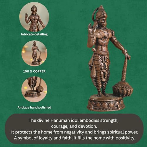 Copper Idols Lord Hanuman Idol | Antique Brass Finish Pavanputra Murti with Gada | Bajrangbali Statue for Puja Mandir, Home & Office Decor | Spiritual Gift for Devotees